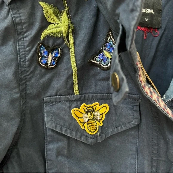 desigual pakaian jadi wanita navy utility jacket butterfly bird bee - Picture 11 of 14